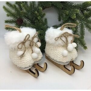 2 Skate Ornaments White Fuzzy Knit Christmas Tree Pompoms 5 in